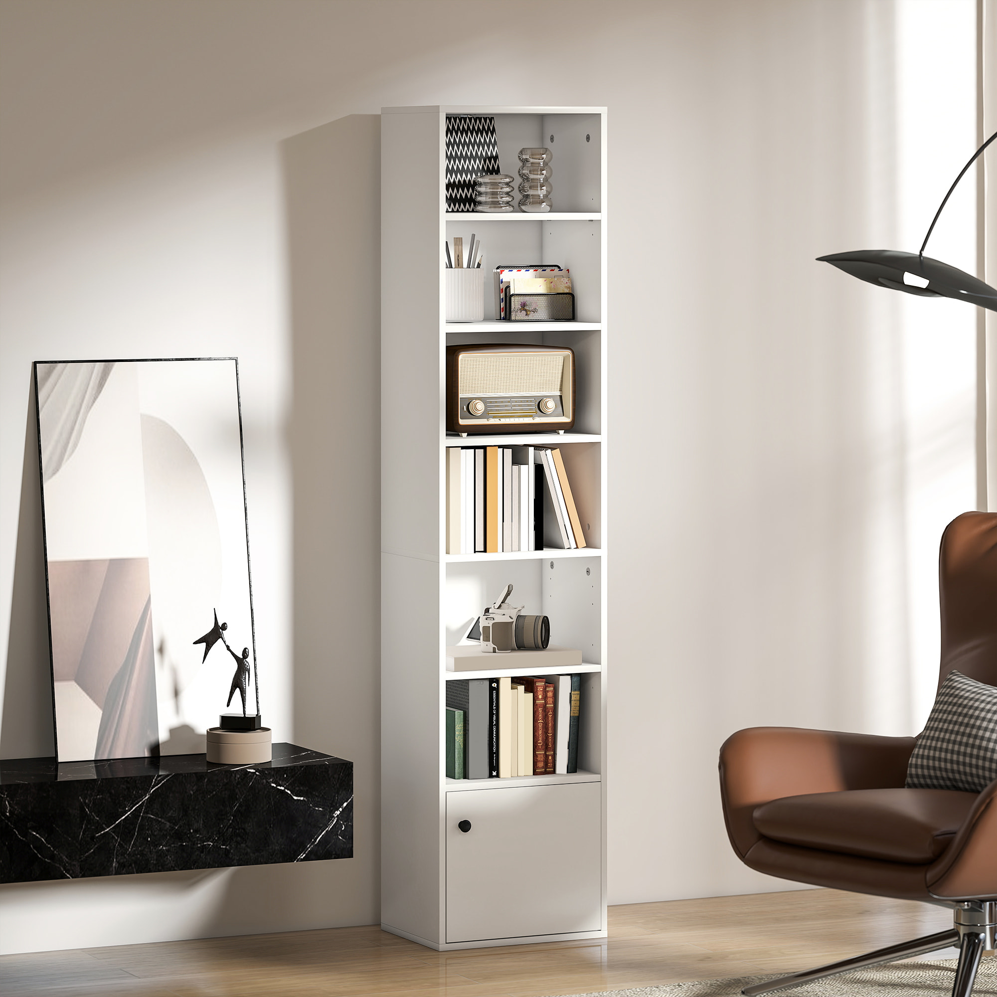 Librería de 7 Niveles, Estantería para Libros con Estantes Ajustables y Puerta, Estantería Moderna, 40x30x180 cm, para Salón, Dormitorio, Estudio, Oficina, Blanco