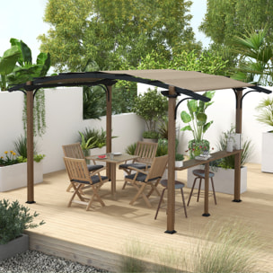 Pergola avec comptoir toit arche alu acier aspect bois noir toile grège