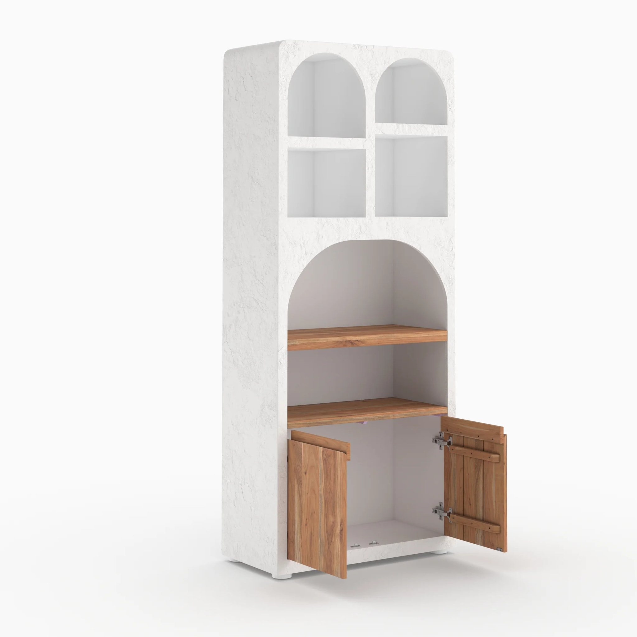 Bibliothèque en plâtre blanc cassé et bois d'acacia - Fira