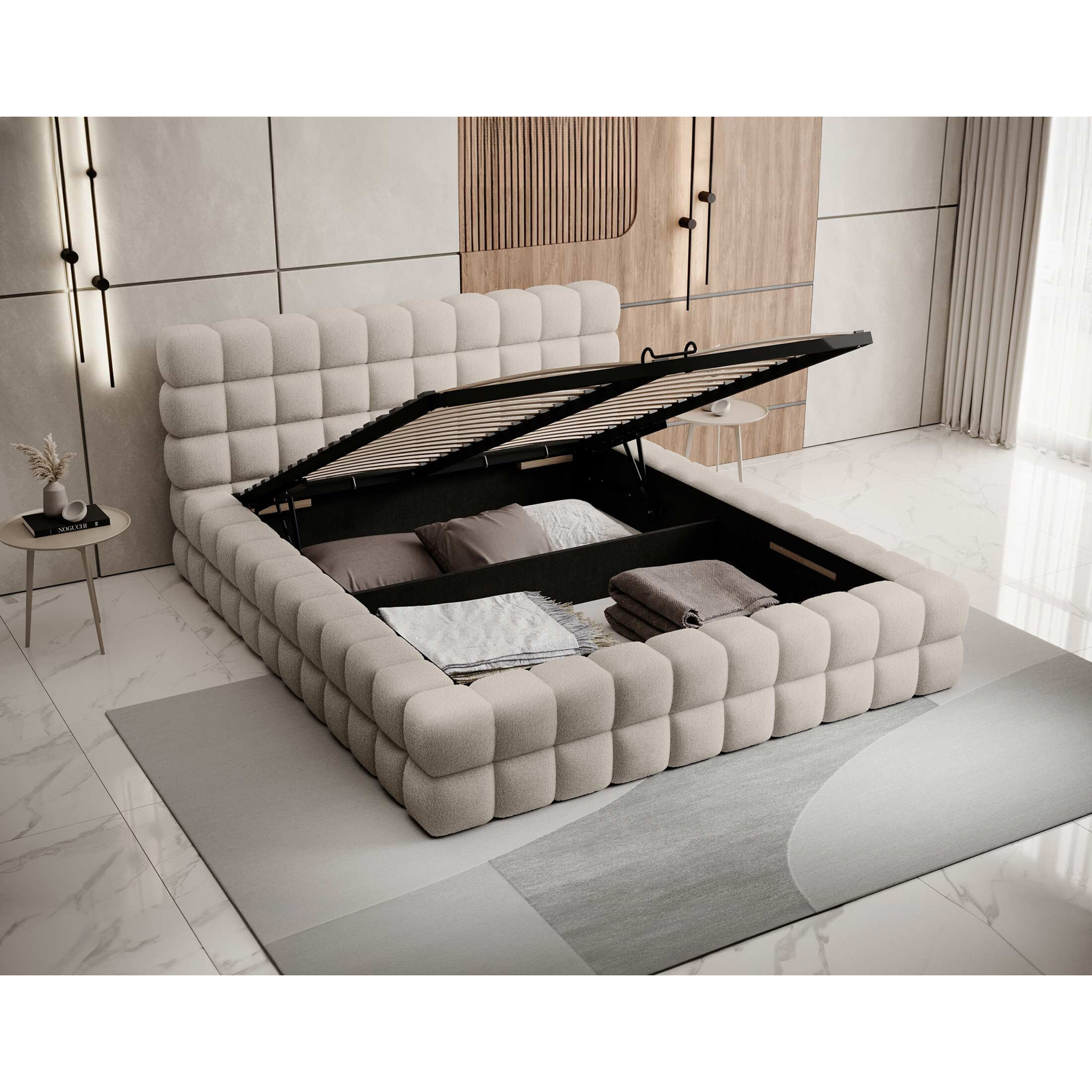 Kingston - lit coffre - 140x200 - sommier inclus - en tissu bouclette - Beige