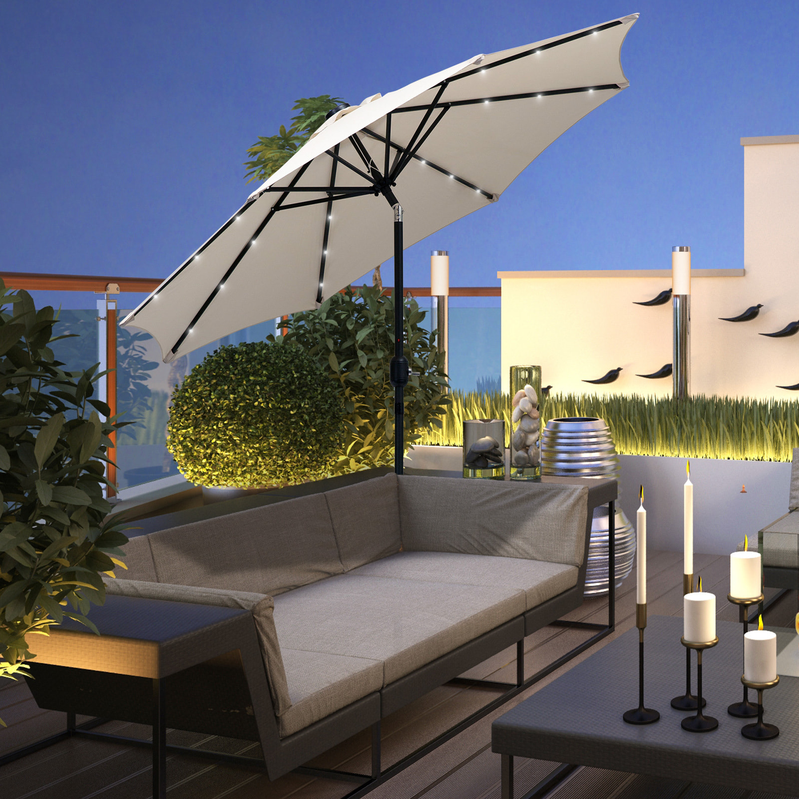 Sombrilla de Jardín Ø268x238 cm Parasol de Terraza con 24 Luces LED Solar Mecanismo de Inclinación Manivela y Poste Desmontable de Metal para Piscina Patio Crema