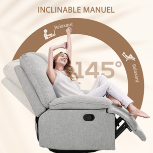 Fauteuil relax inclinable réglable repose-pied intégré tissu toucher lin gris clair