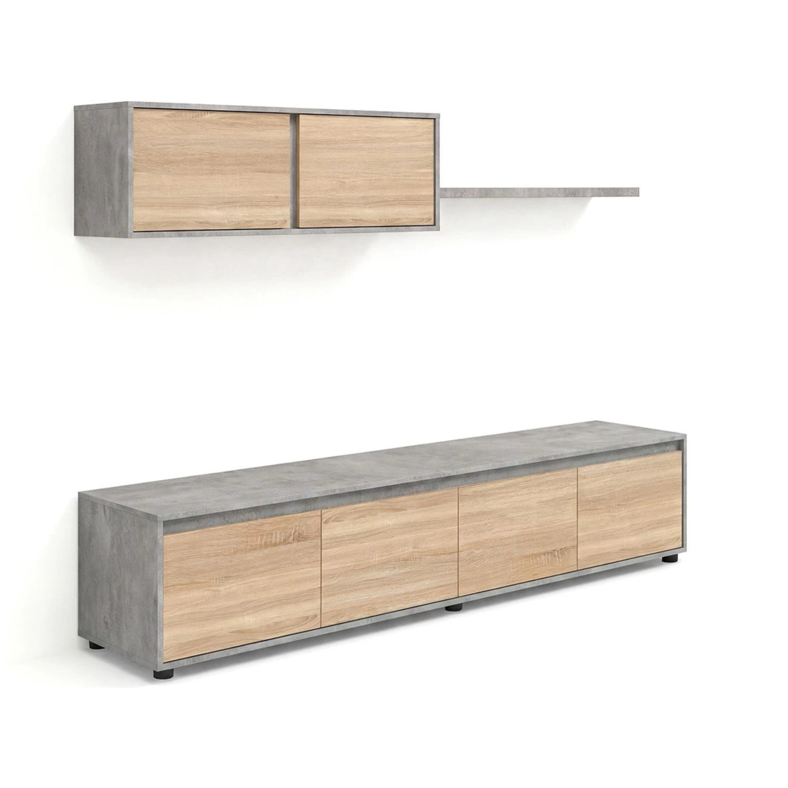 Salón con mueble de TV y estantería en gris cemento y roble canadian 200 cm Arlet Gris Cemento - Roble Canadian