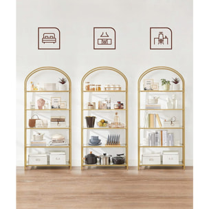 Libreria ad arco in vetro e metallo dorato con 5 ripiani