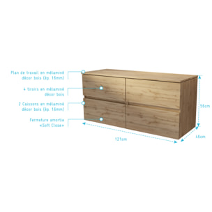 Meuble de Salle de Bains 120 cm à Tiroirs avec Plan Finition Chêne Naturel - TIMBER