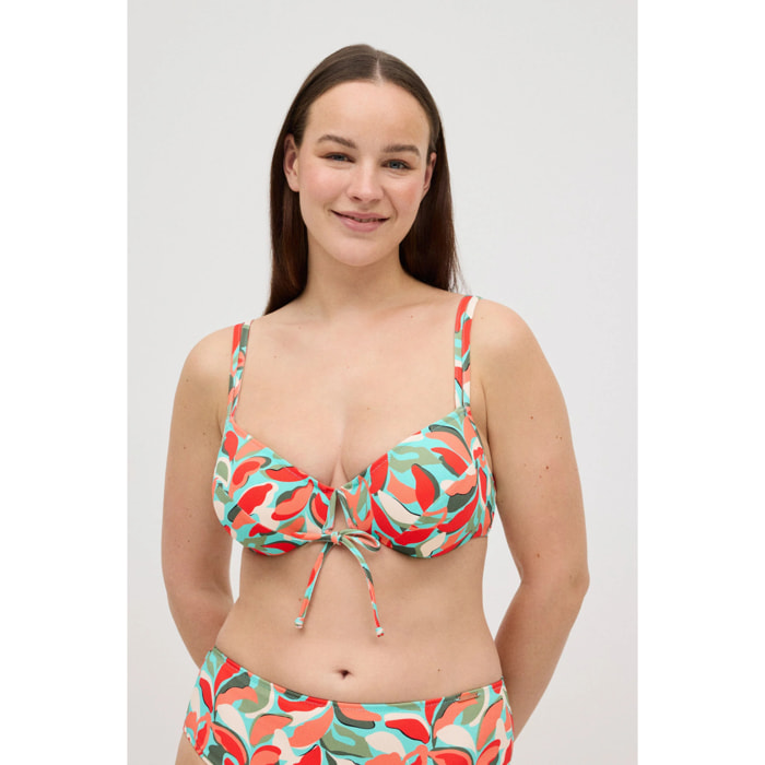 Top bikini snellente in micropiqué con stampa tropicale per coppe C e D