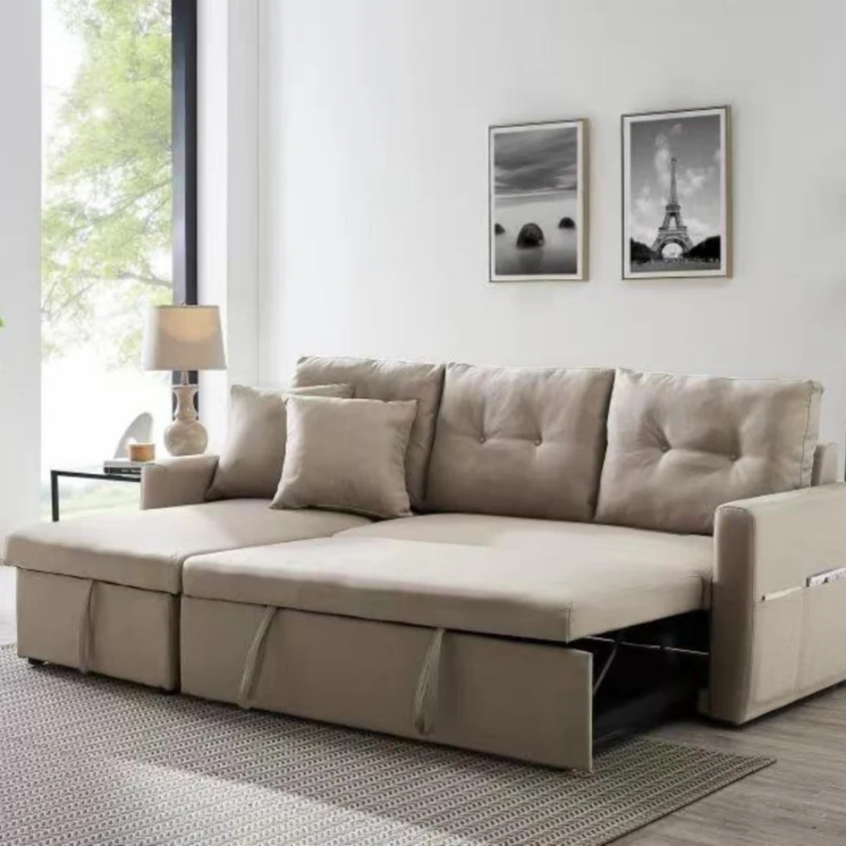 Canapé d'angle 4 places convertible beige OLIVER