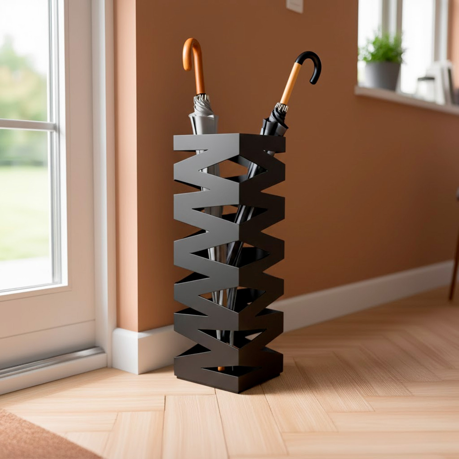 Portaombrelli In Acciaio Zincato Con Intarsi Decorativi Vaschetta Scolapioggia 2 Ganci Removibili Base Antiscivolo 49 x 15.5 x 15.5 Cm Nero