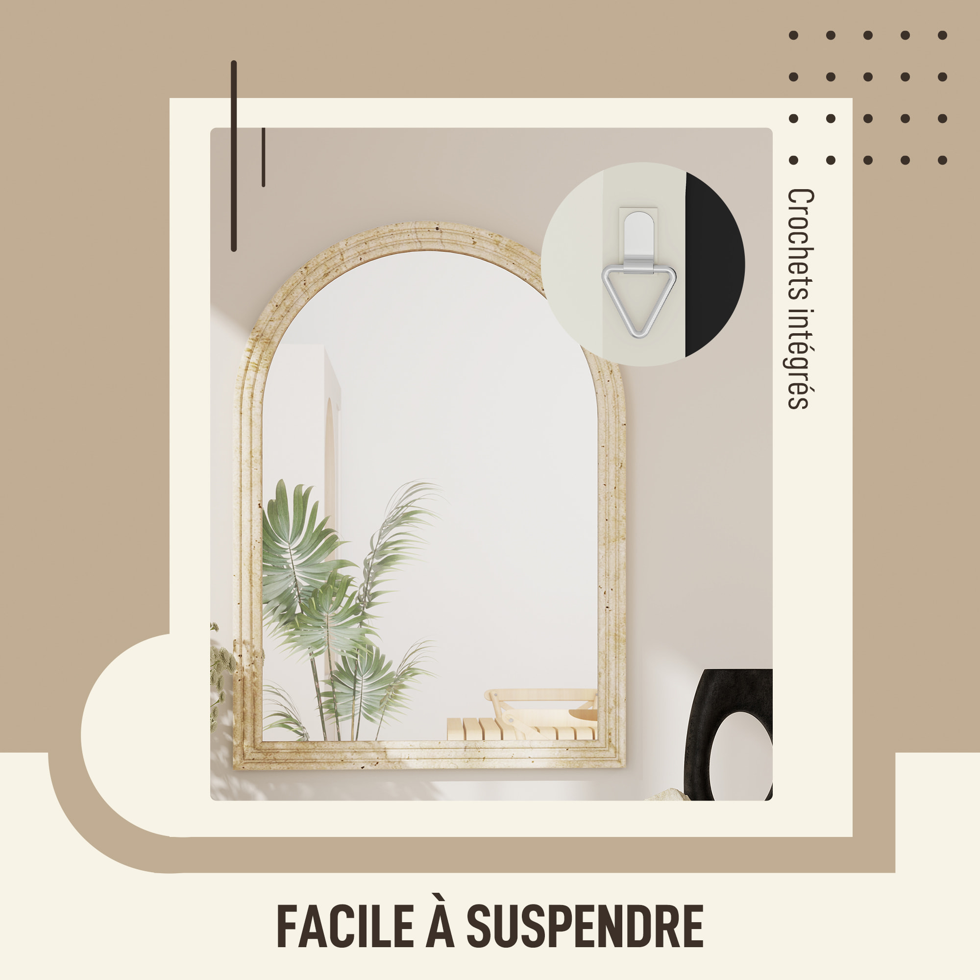 Miroir arche mural design effet pierre clair dim. 50 x 70 cm