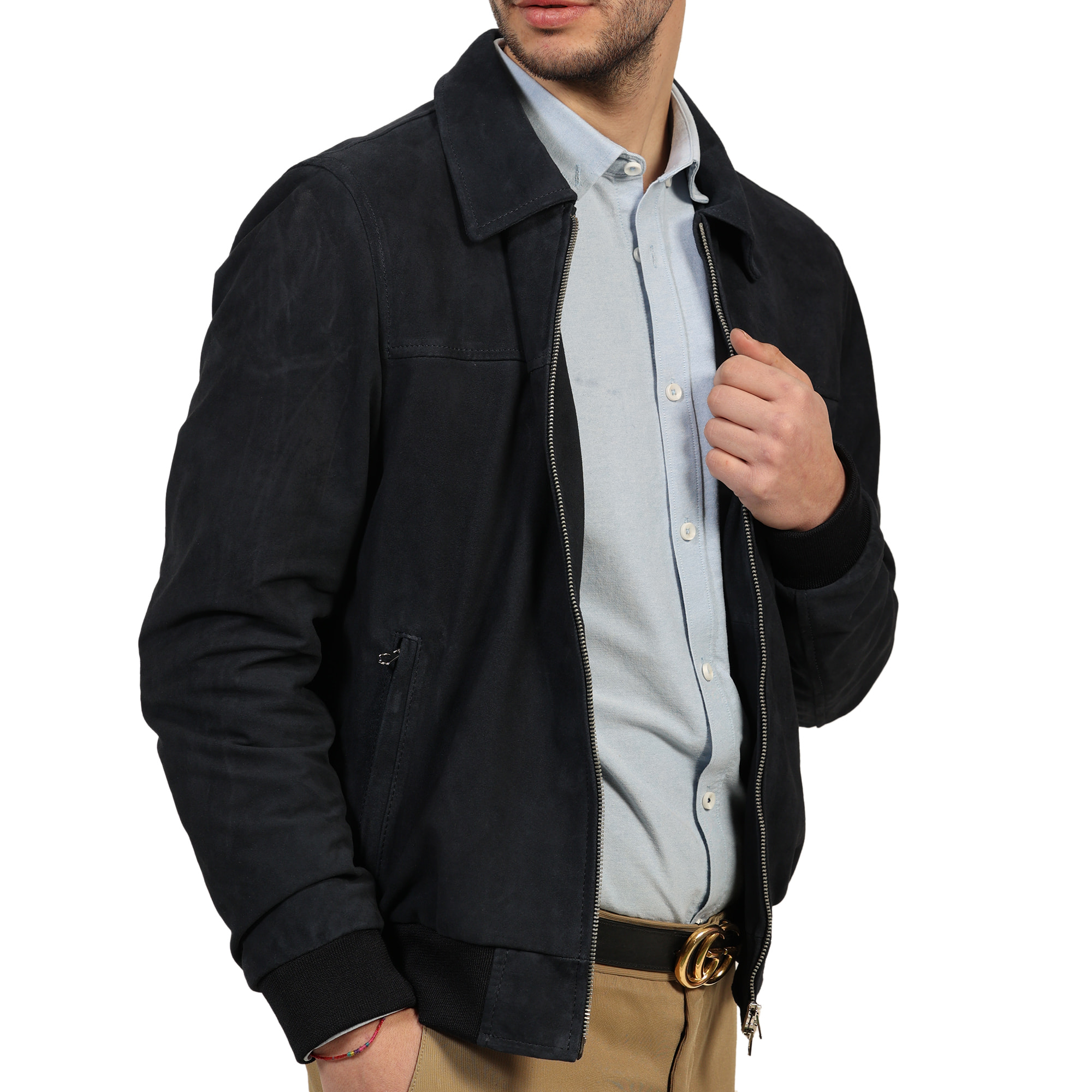 Giubbino in vera pelle di vitello scamosciata Blu-Slim Fit