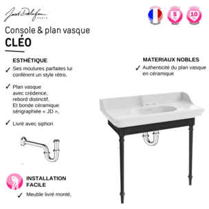 Console Cléo 1889 avec plan vasque 3 trous + miroir + mélangeur croisillon lavabo chromé + siphon chromé