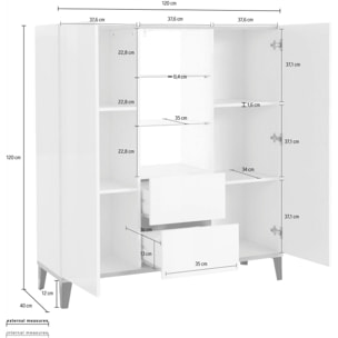 Credenza moderna a 2 ante e 2 cassetti, Made in Italy, Madia con ripiani, Buffet di design da ingresso, Cm 120x40h133, Bianco lucido e Acero