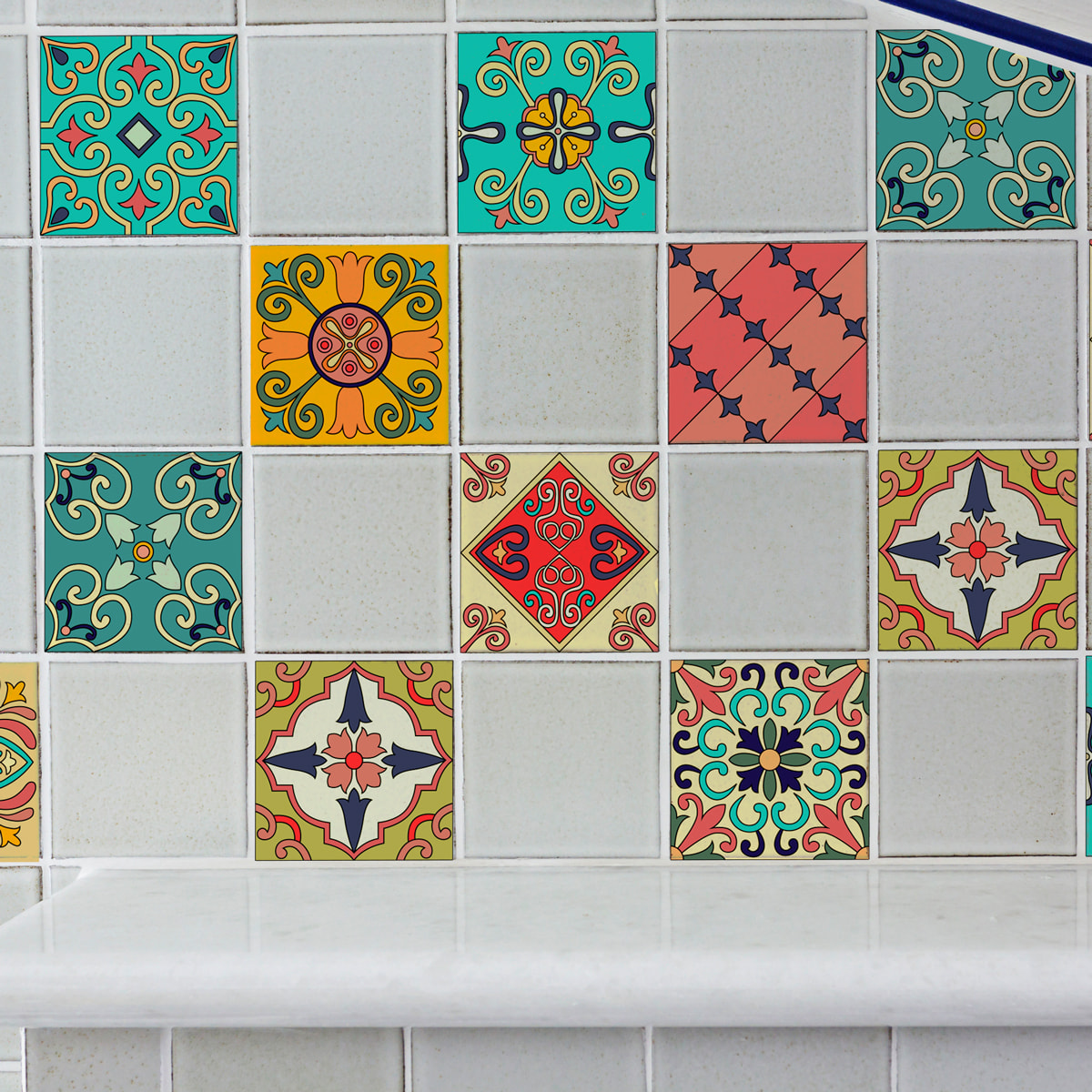 Stickers muraux - Sticker Mural Carrelage adhésif Cuisine Salle de Bain - 9 STICKERS CARRELAGES AZULEJOS MOSAÏQUES ORIENTALES