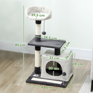 Árbol Rascador para Gatos, Árbol para Gatos 85 cm, Torre Escalador con Plataformas, Cueva, Postes Rascadores, Tapete de Sisal, Bolas, Gris Claro y Negro