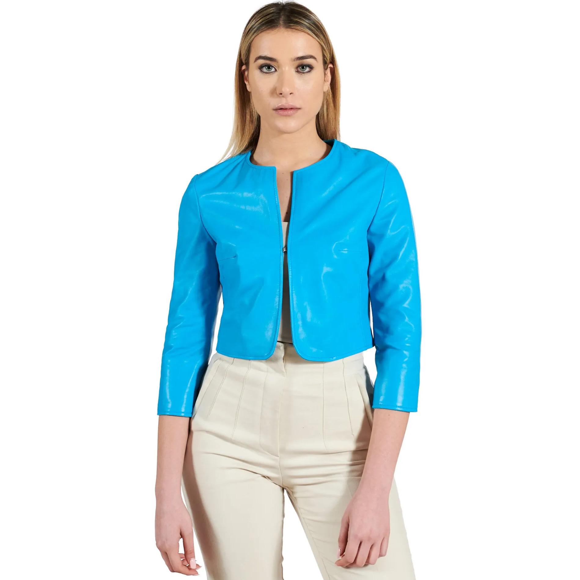 Giacca corta bolero in pelle naturale azzurra girocollo