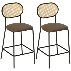 Juego de 2 Taburetes de Bar Taburetes Altos de Cocina con Respaldo de Ratán Asiento de PU Marco de Acero y Reposapiés para Comedor Mostrador 45x50x97 cm Marrón