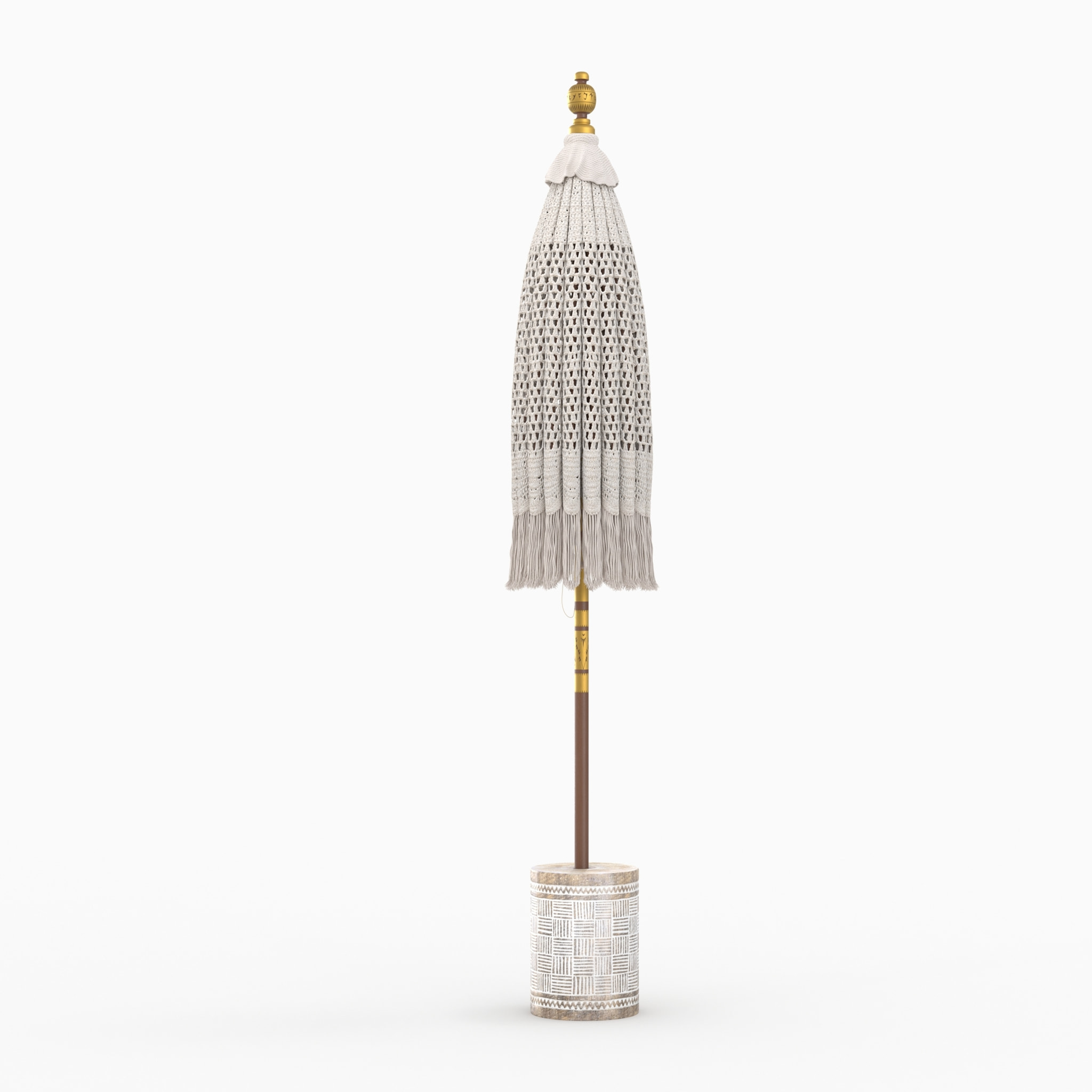 Ensemble parasol en macramé et pied de parasol en bois de suar - Fakélé