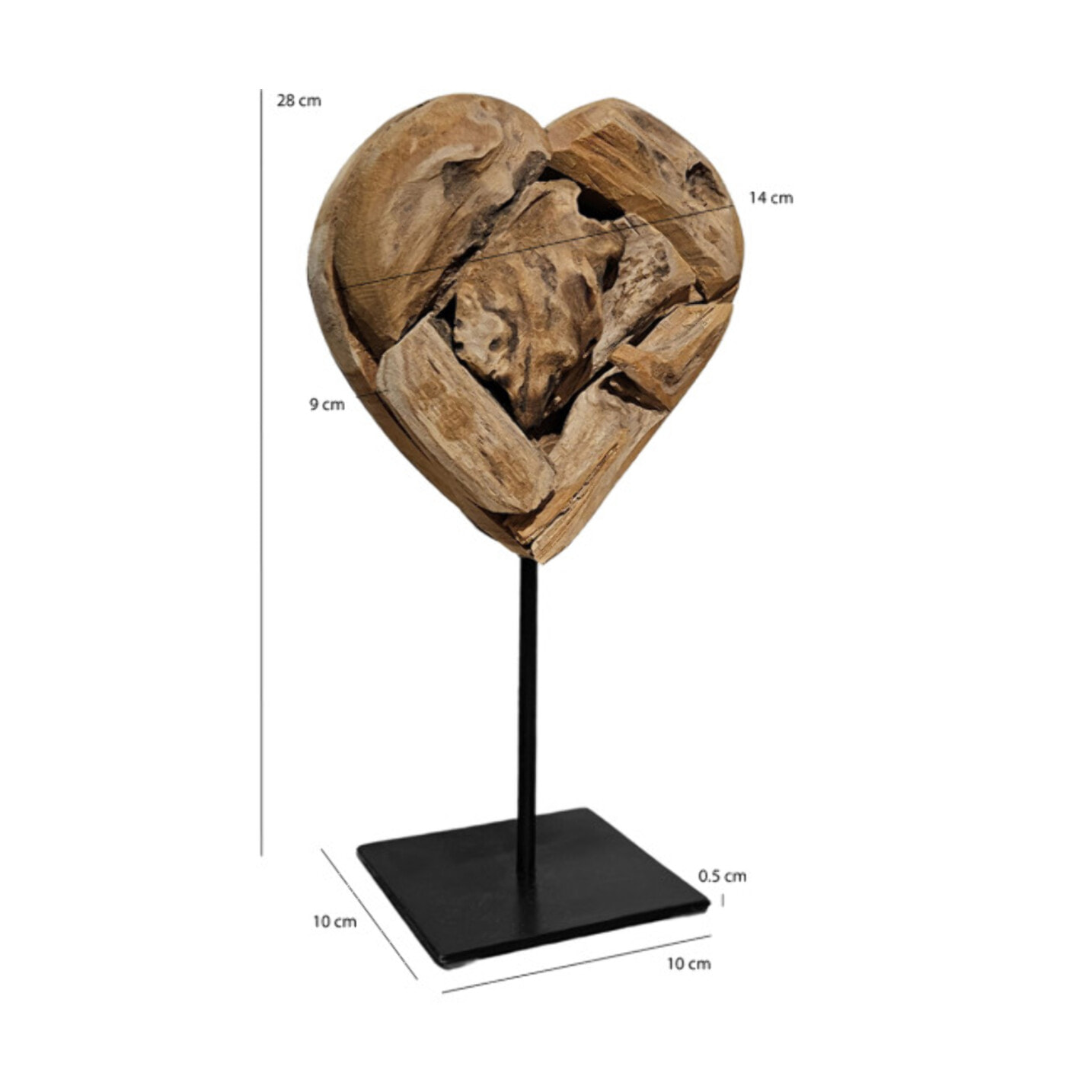 Sculpture artisanale cœur bois de teck massif, H 28 cm, socle métal noir - BAKOU