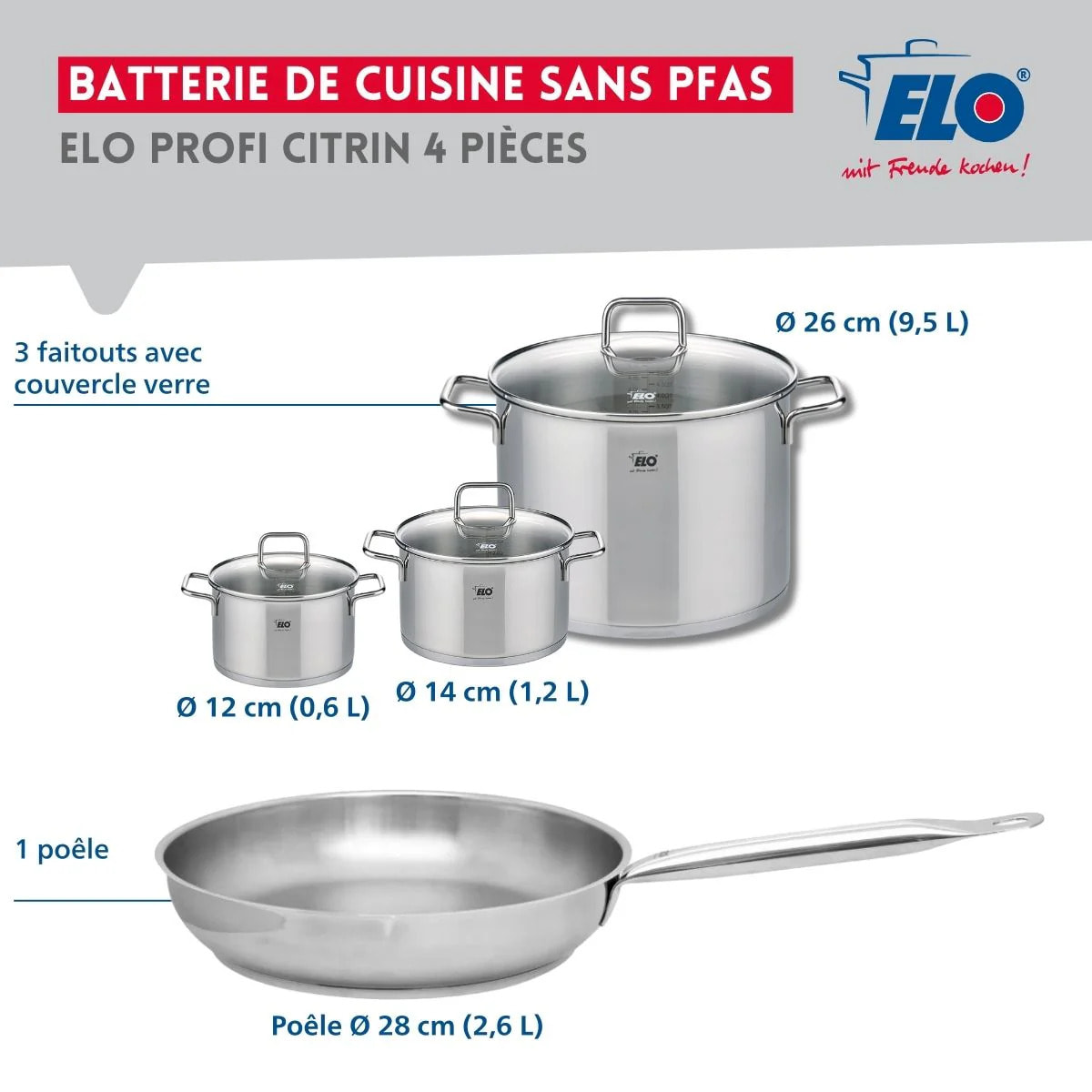 Ensemble de 1 Poêle de cuisson 28 cm et 3 faitouts 12, 14 et 26 cm Elo Profi Citrin