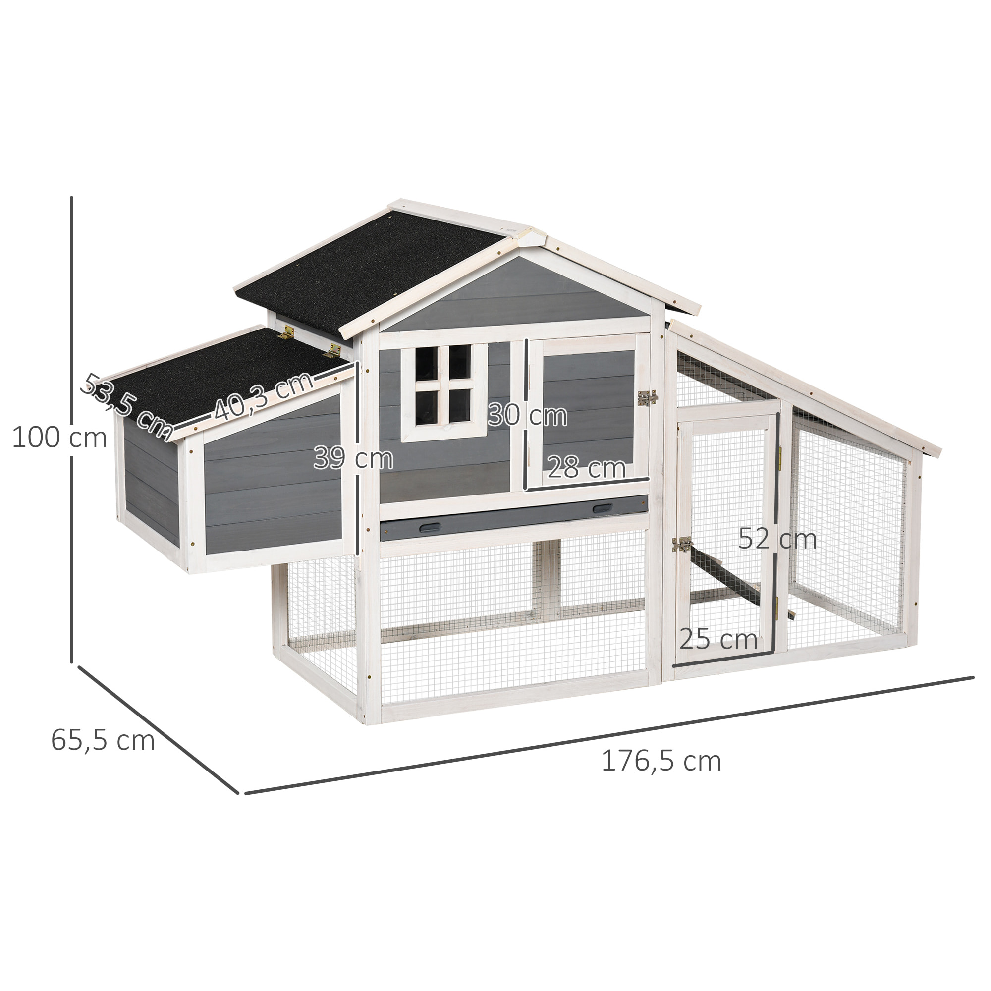 Poulailler cottage cage à poules surélevé dim. 176L x 65l x 100H cm multi-équipement toit bitumé noir bois sapin gris blanc