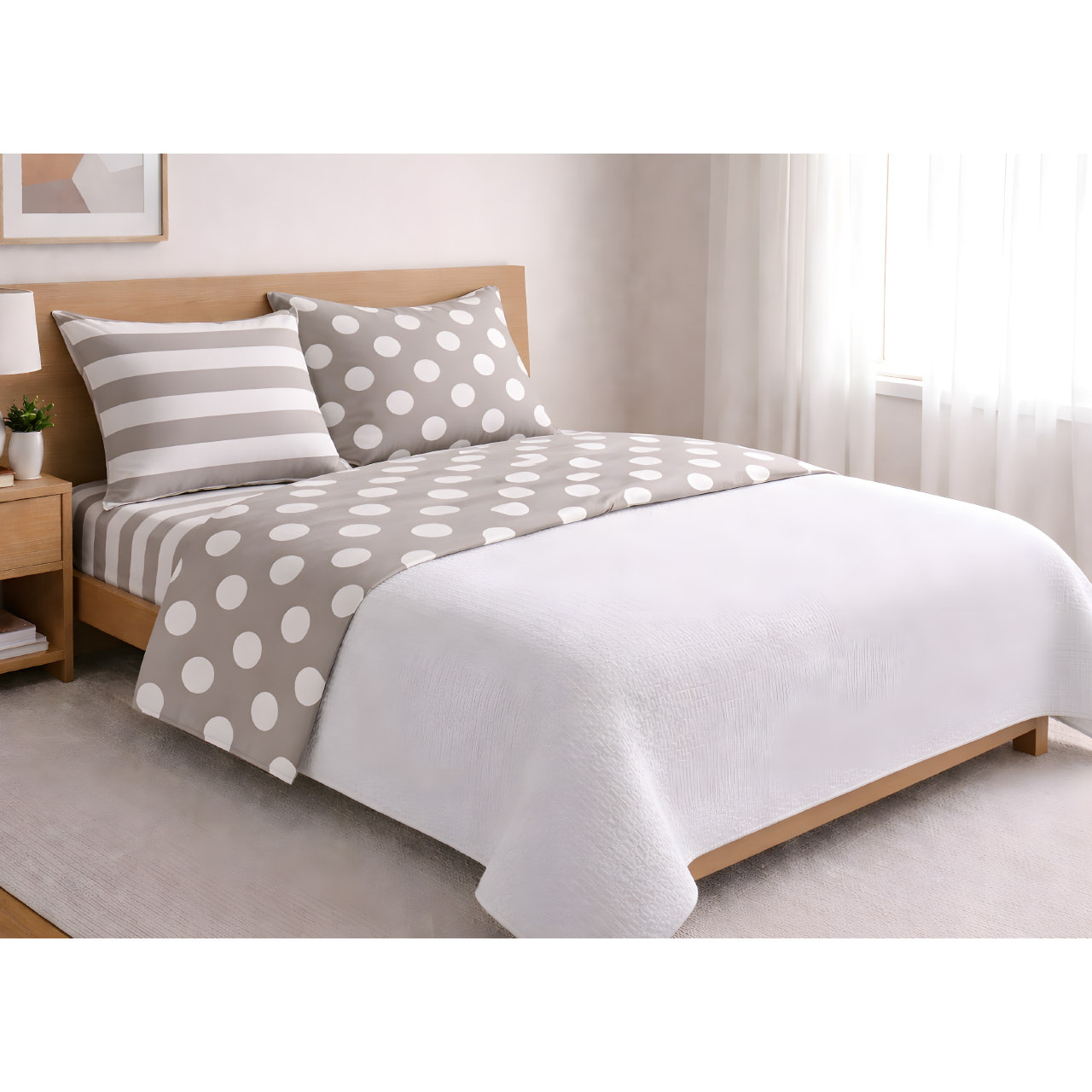 Completo Lenzuola 100% Cotone Made in Italy Disegno Pois Beige