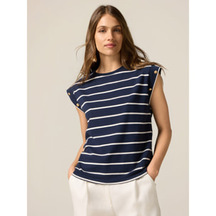 Oltre - T-shirt a righe con bottoni decorativi - Blu