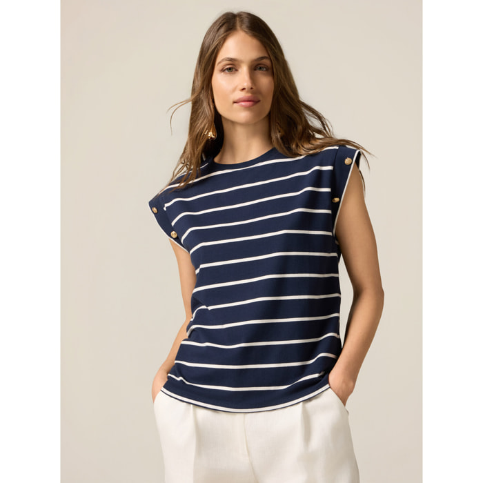 Oltre - T-shirt a righe con bottoni decorativi - Blu