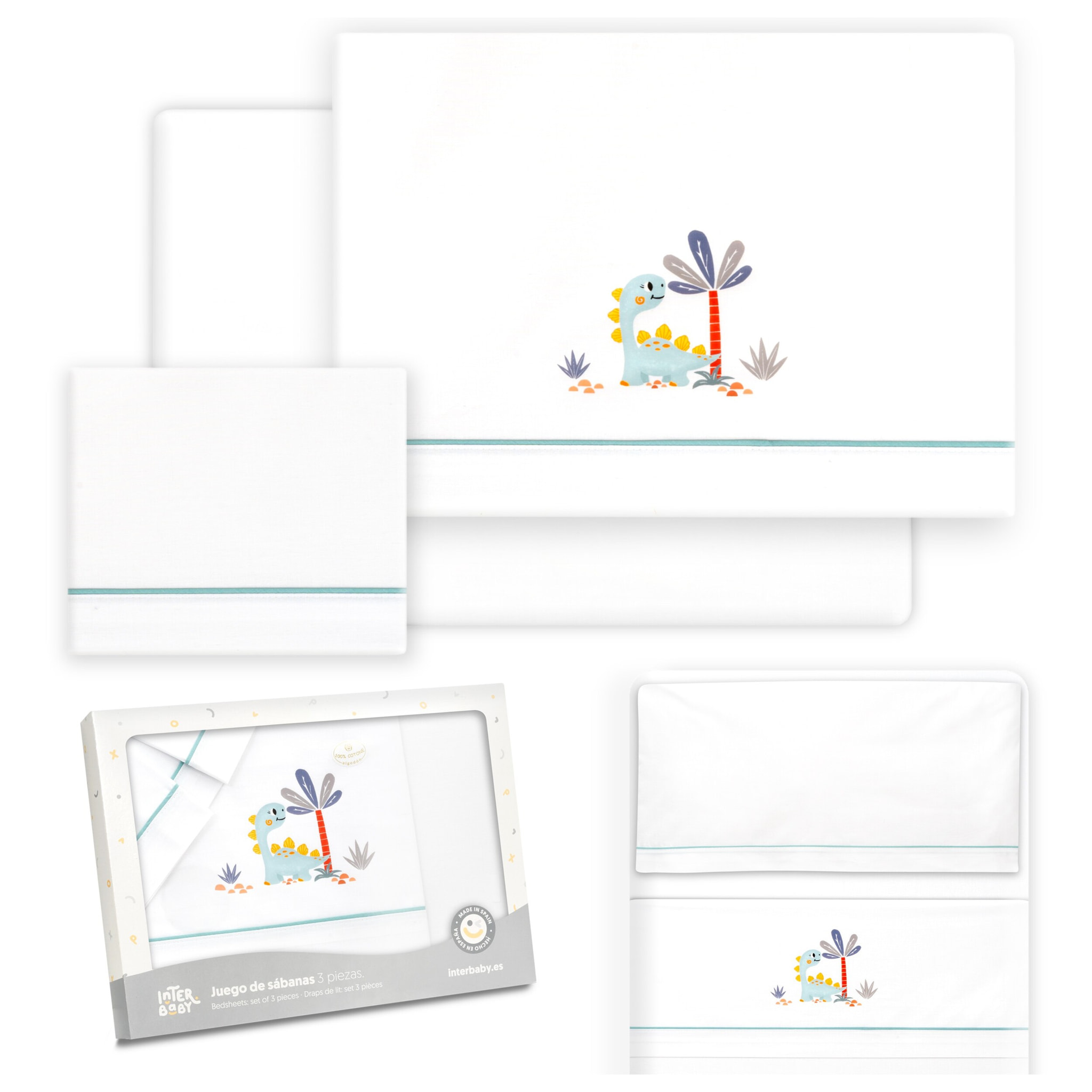 Triptico Minicuna Estampado Dinosaurio Palmera Bco/Verde