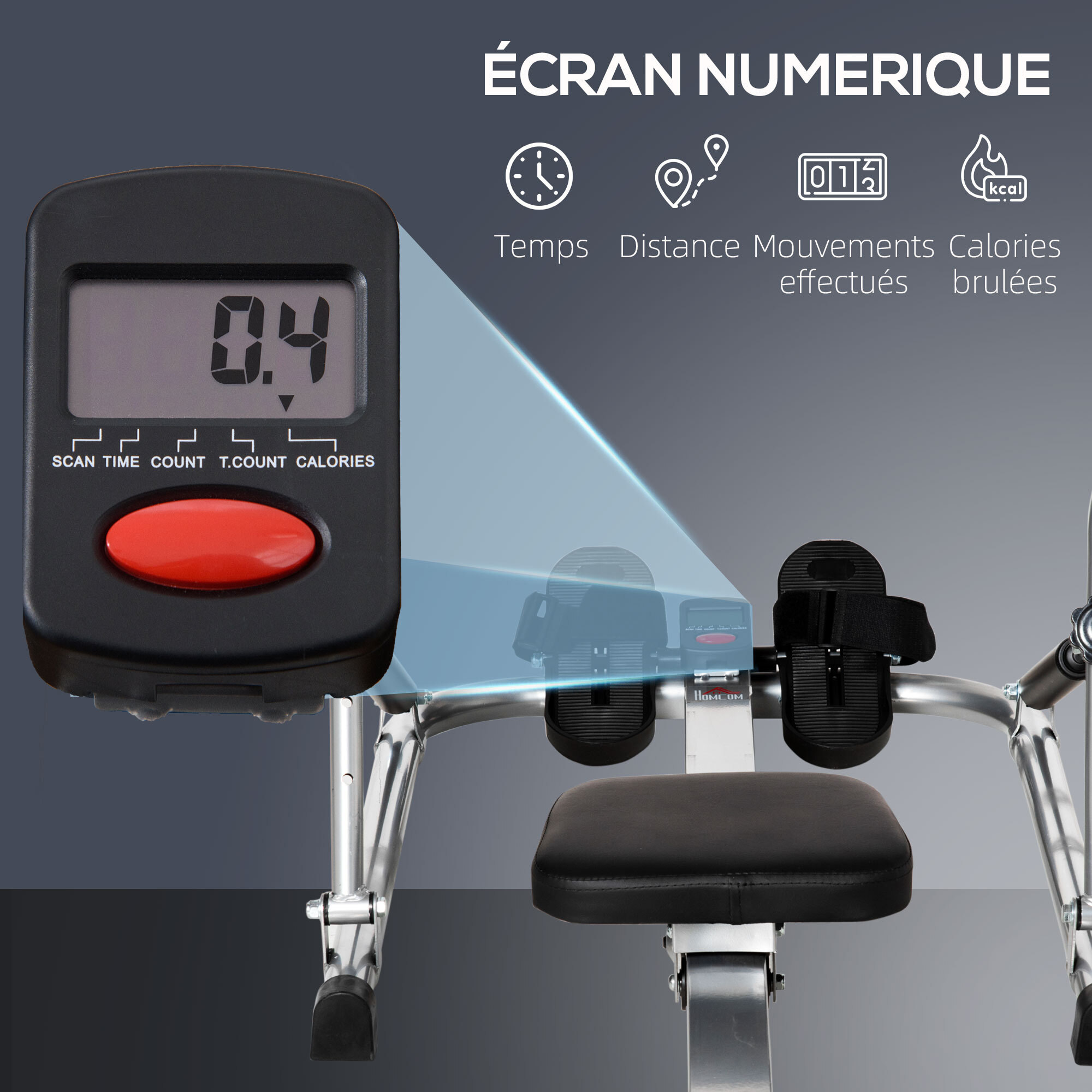 Rameur d'appartement pliable - 3 niveaux de résistance écran LCD multifonction - acier ABS noir gris