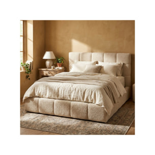 Lit coffre 140 x 200 cm tissu capitonné bouclette beige - FLUF