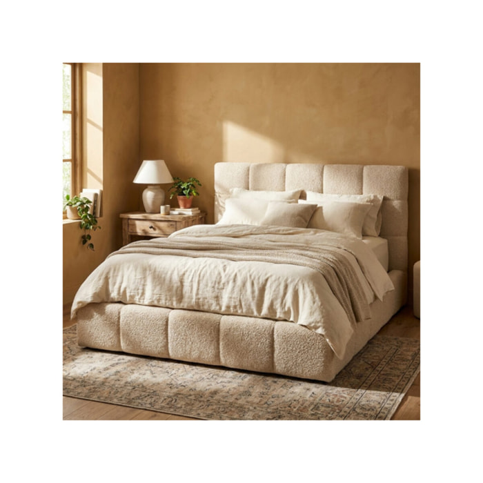 Lit coffre 140 x 200 cm tissu capitonné bouclette beige - FLUF