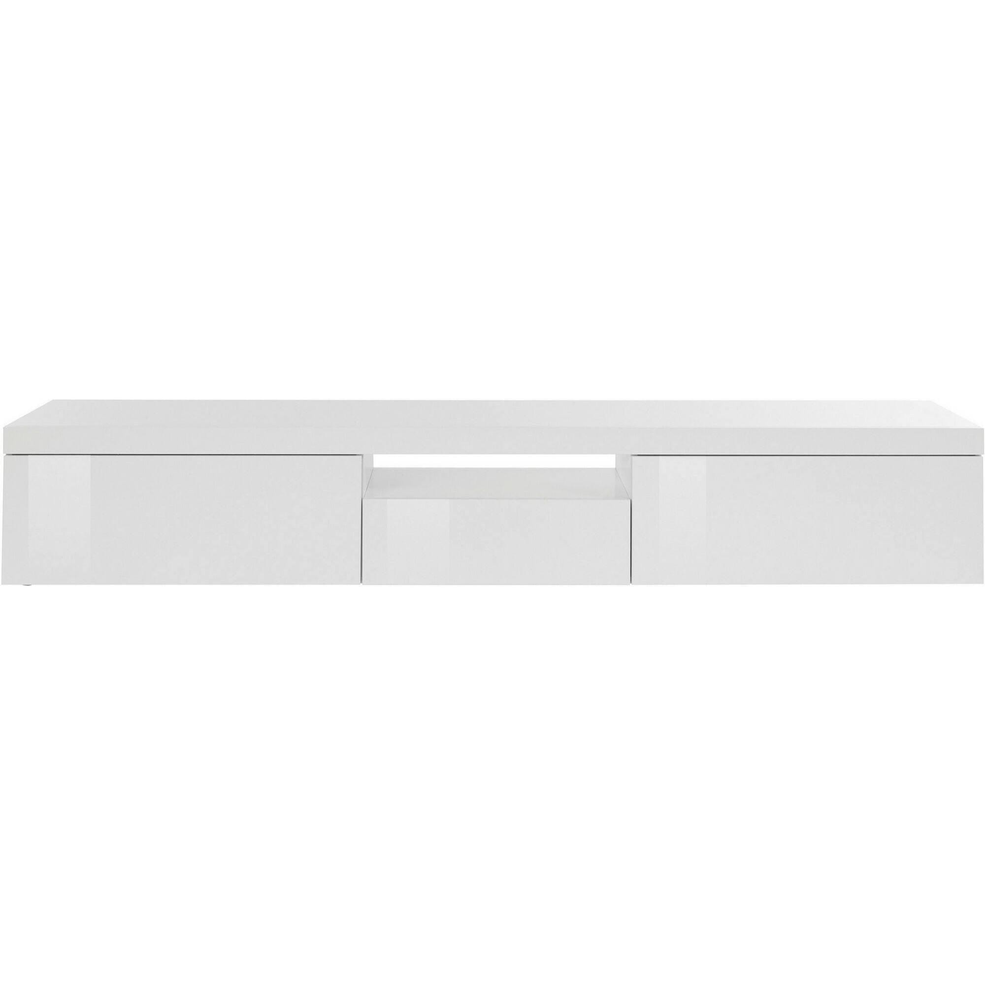 Mobile porta TV Dcoppolin, Credenza bassa da soggiorno a 3 ante, Base porta TV, 220x40h35 cm, Bianco lucido