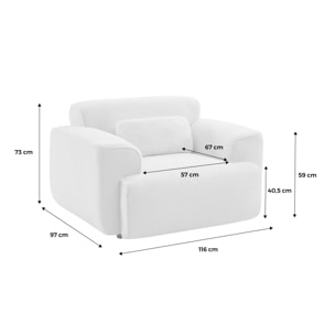 Fauteuil tissu bouclette blanche. lignes arrondis. coussin fourni. Wallas. L 116 x P 97 x H 73cm