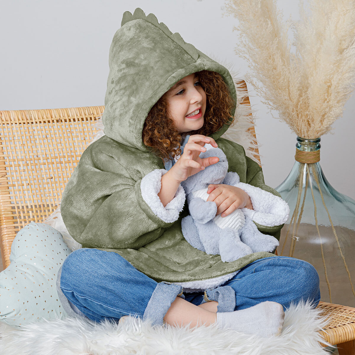 Plaid sweatshirt capuche "Dinosaure" - vert kaki