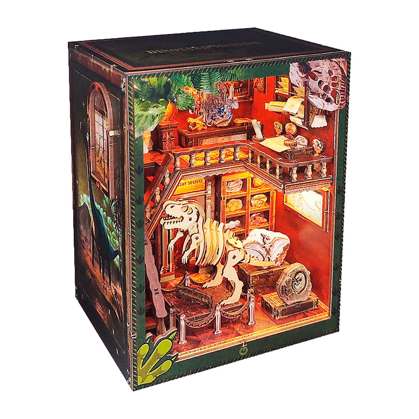 Estudio de dinosaurios. Book Nook de madera, diseño 3D realista con gran detalle, cubierta y luces led. Con 153 piezas.