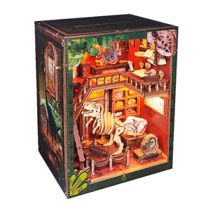 Estudio de dinosaurios. Book Nook de madera, diseño 3D realista con gran detalle, cubierta y luces led. Con 153 piezas.