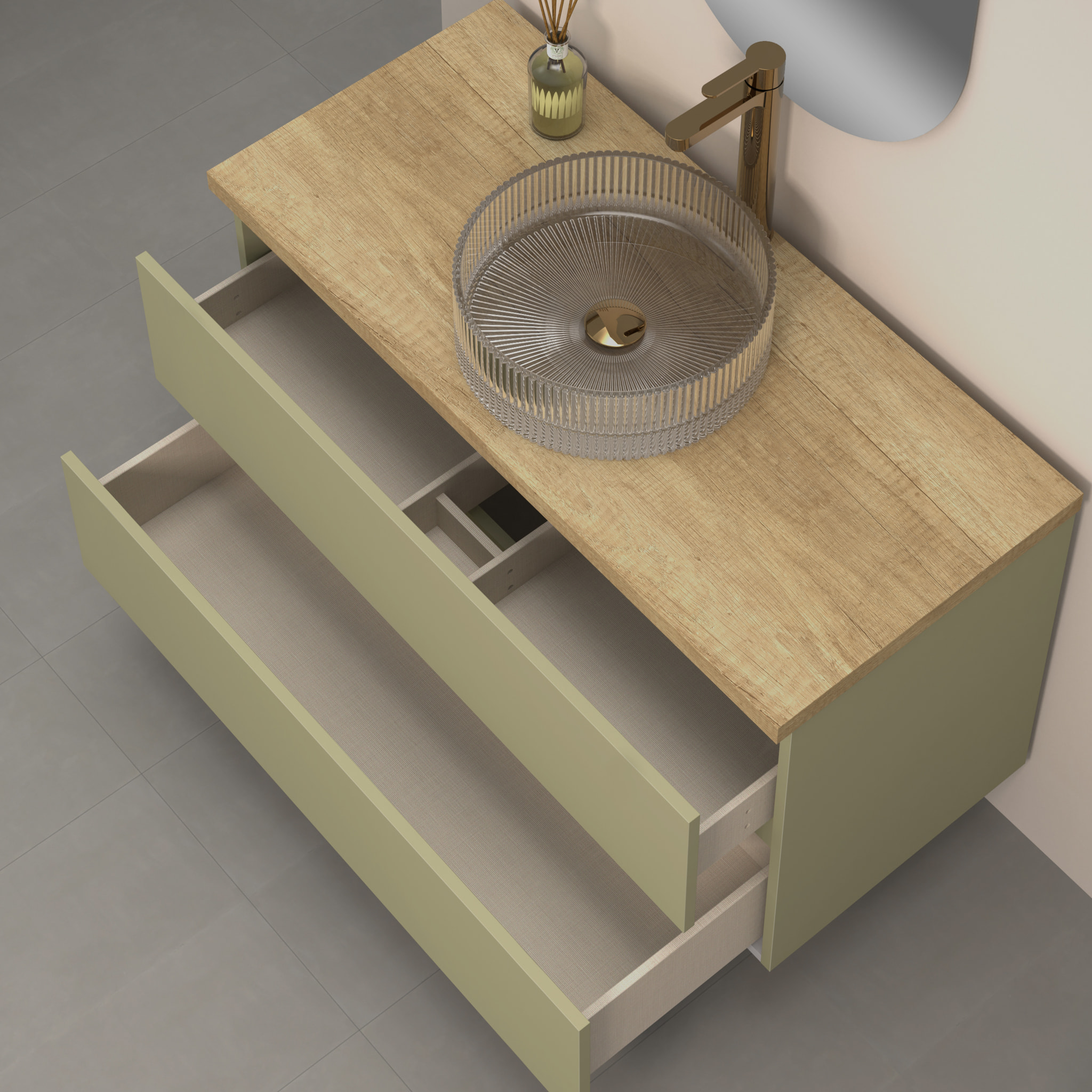 Conjunto de Baño Kub | 100 cm Verde Cactus | Dos Cajones | Lavabo de Cristal | No incluye Espejo | Mueble Montado | Alday