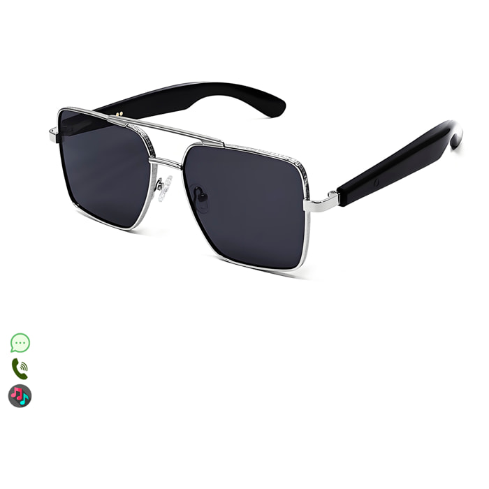 Occhiali AI GT-30 con chiamate bluetooth, controllo remoto della fotocamera, riproduzione musicale e assistente vocale.