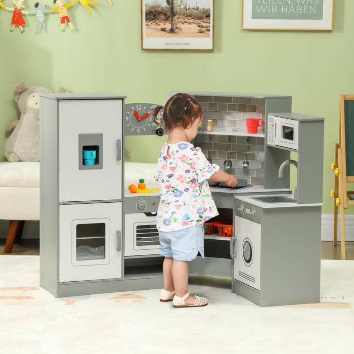 AIYAPLAY Cocina de Juguete para Niños +3 Años Cocina de Madera Infantil Cocinita Infantil con Sonido Fogón Horno Grifo Fregadero Microondas Lavadora Máquina de Hielo y Accesorios de Cocina Gris