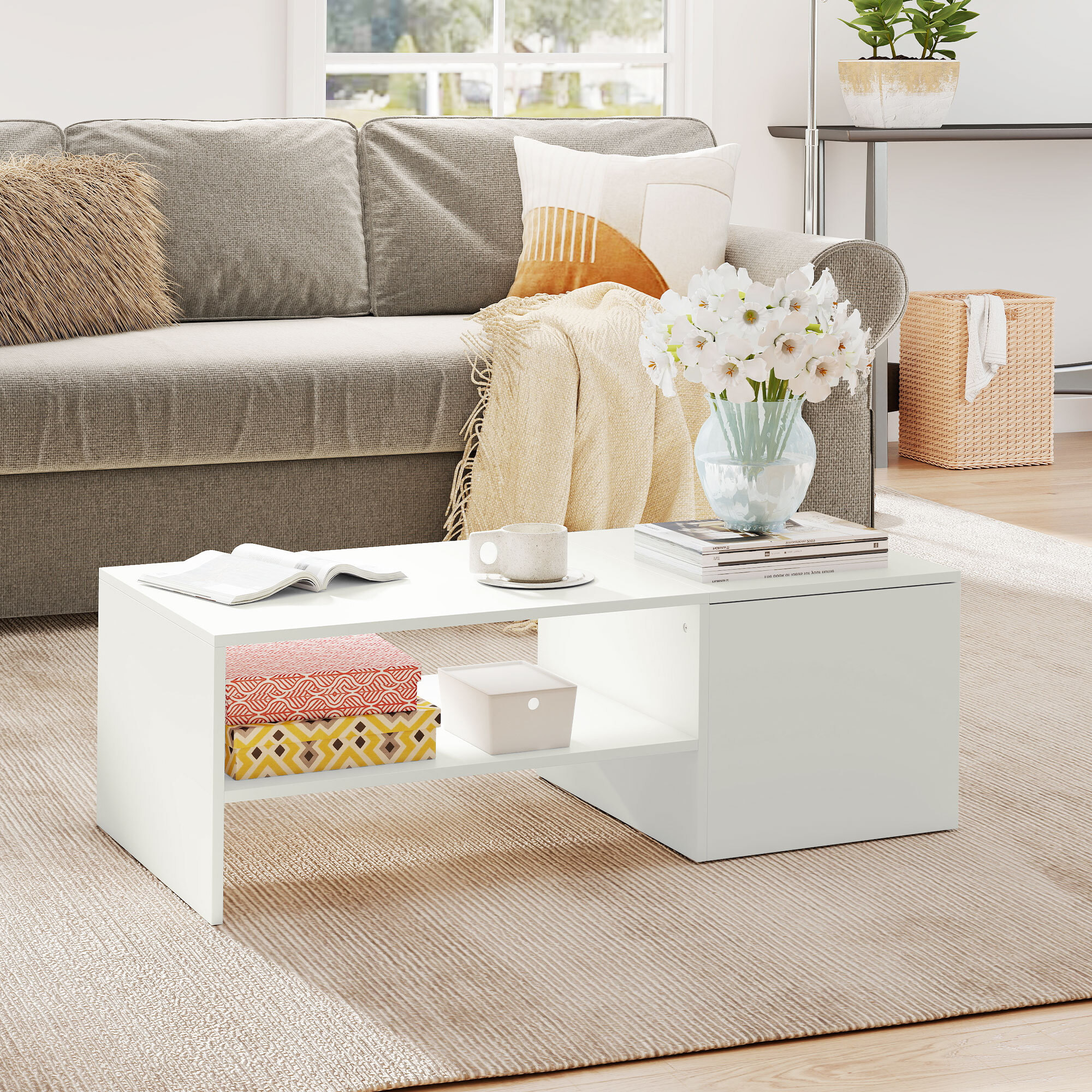 Mesa de Centro con Tablero Deslizante, Mesa baja para Salón Moderna con Compartimento Oculto, Estante Abierto, Mesa de Café para Comedor, Oficina, 110x52x36 cm, Blanco