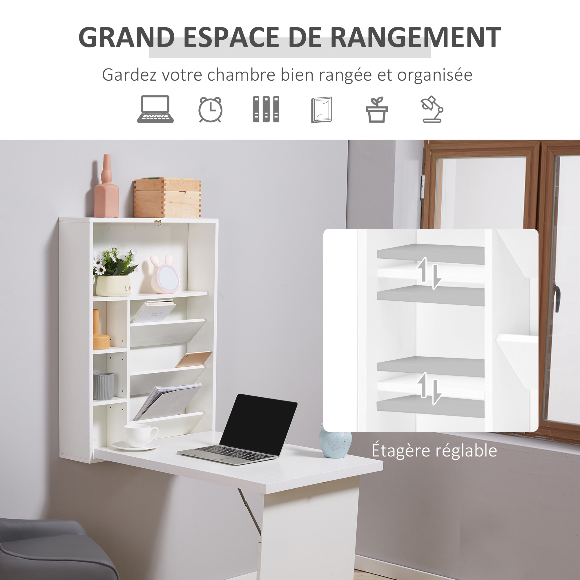 Bureau pliable rabattable - bureau bibliothèque 2 en 1 - étagères - blanc