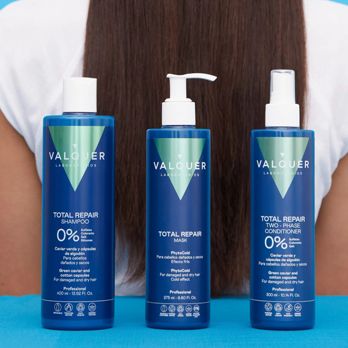 Valquer Pack Total Repair Champú + Mascarilla y Acondicionador bifásico para cabellos dañados - 400 ml + 275 ml + 300 ml