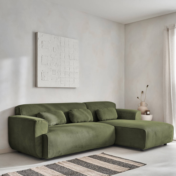 Canapé d'angle droit. 2 à 3 places. velours côtelé vert. Wallas L 196 x P 151 / 91 / x H 73cm