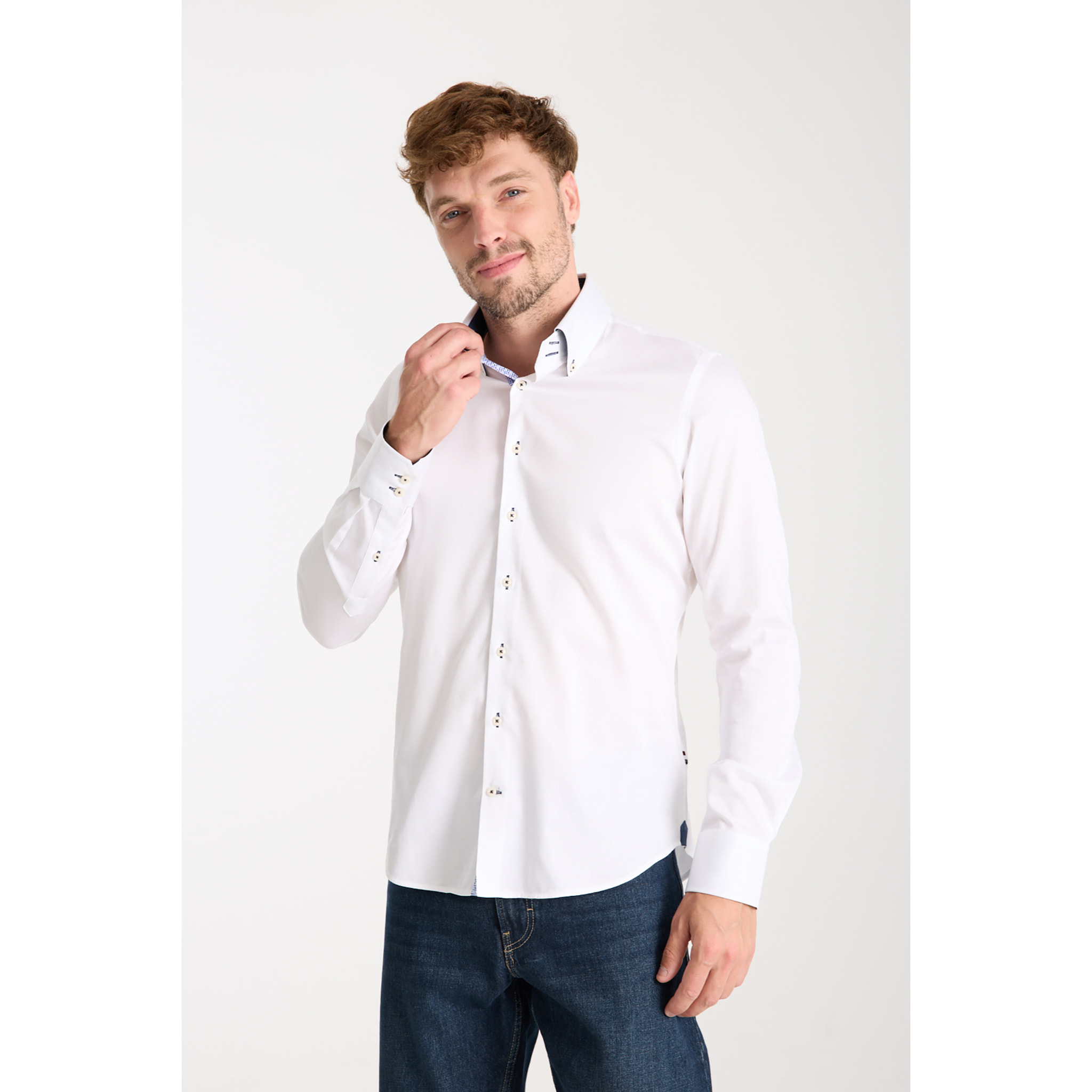 Camicia Uomo 2 Bottoni Button Down Slim Satin Unito Bianco