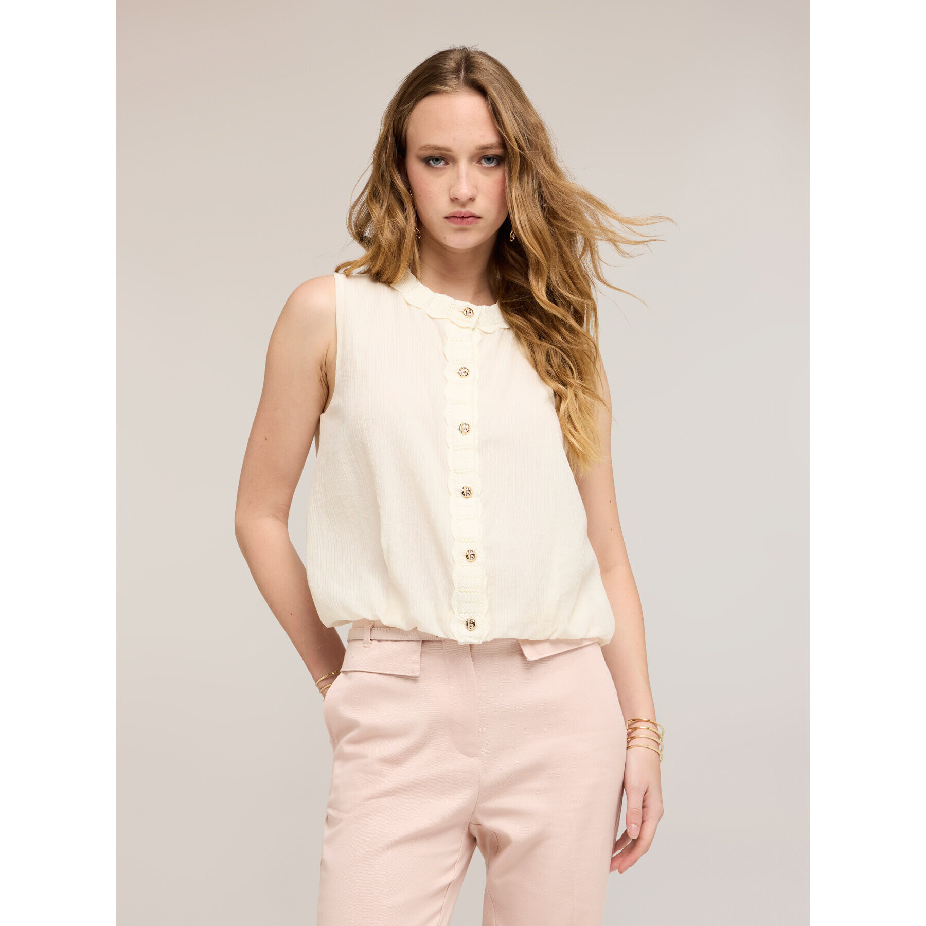 Motivi - Top misto lyocell con bordi in maglia - Bianco