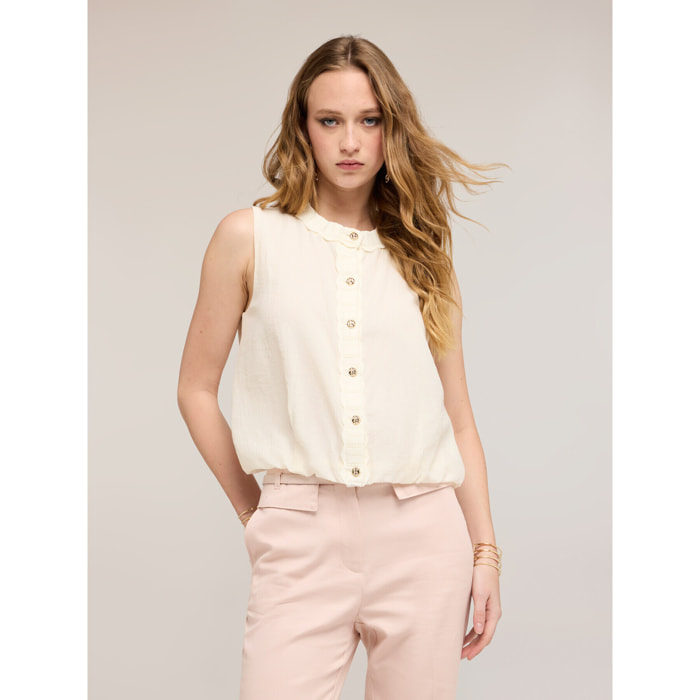 Motivi - Top misto lyocell con bordi in maglia - Bianco