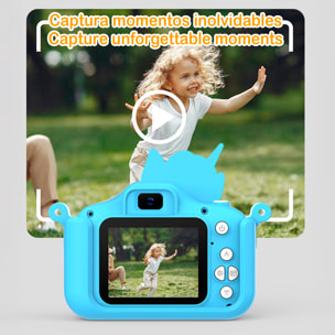 Cámara infantil de fotos y video. 44mpx y video FHD, zoom digital 8x. Cámara trasera para selfies, juegos incorporados. Funda de silicona diseño dinosaurio.