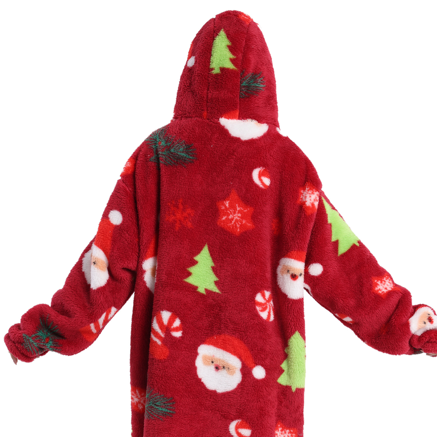 Bata estilo sudadera y manta de felpa extrasuave. Triple bolsillo frontal tipo canguro. Diseño navideño tipo corto.