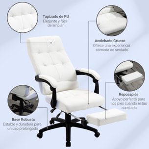 Vinsetto Silla de Oficina Ergonómica Silla de Escritorio Giratoria con Altura Ajustable Función de Inclinación Reposabrazos y Reposapiés Piel Sintética 65x65x118-125 cm Blanco