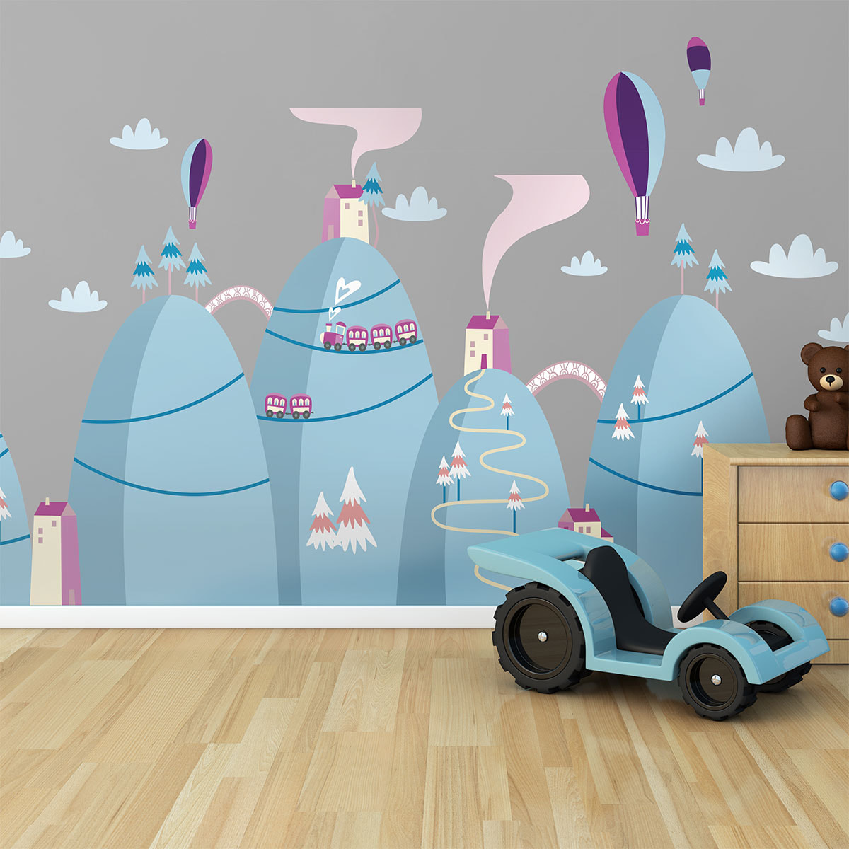 Stickers muraux enfants - Décoration chambre bébé - Autocollant Sticker mural géant enfant montagnes scandinaves MONTGOLFIÈRES MERVEILLEUSES